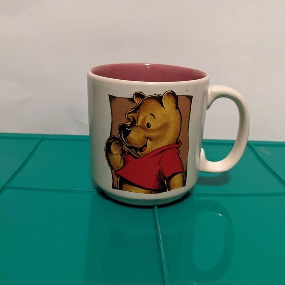 Disney Store Winnie the Pooh Pooh bear Coffee Cup 2 Sided Mug 12 oz pink Inside - Picture 2 of 5